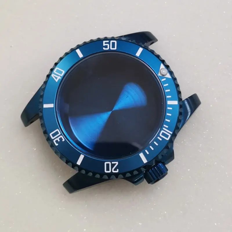 Blue SUB Watch Case Sapphire Crystal Glass Fits NH35 NH36 7S26 4R Japan Automatic Movement 28.5mm Dial Crown at 3.0 Oclock Cases