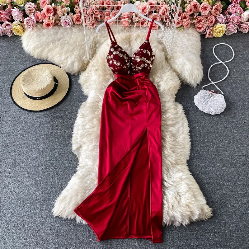 

Evening Dresses Women New V-Neck Spaghetti Strap Satin Long Sequin Party Gown Temperament High Waist Slit Strapless Beach Dress
