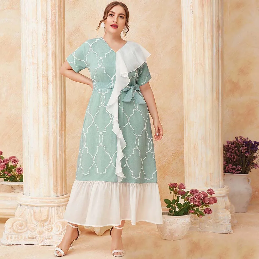 

Muslim Dress Women Patchwork Ruffle Printed A Slim Dress Short Sleeve V-neck Loose Legant Event Dress 2022 Kaftan Moroccan