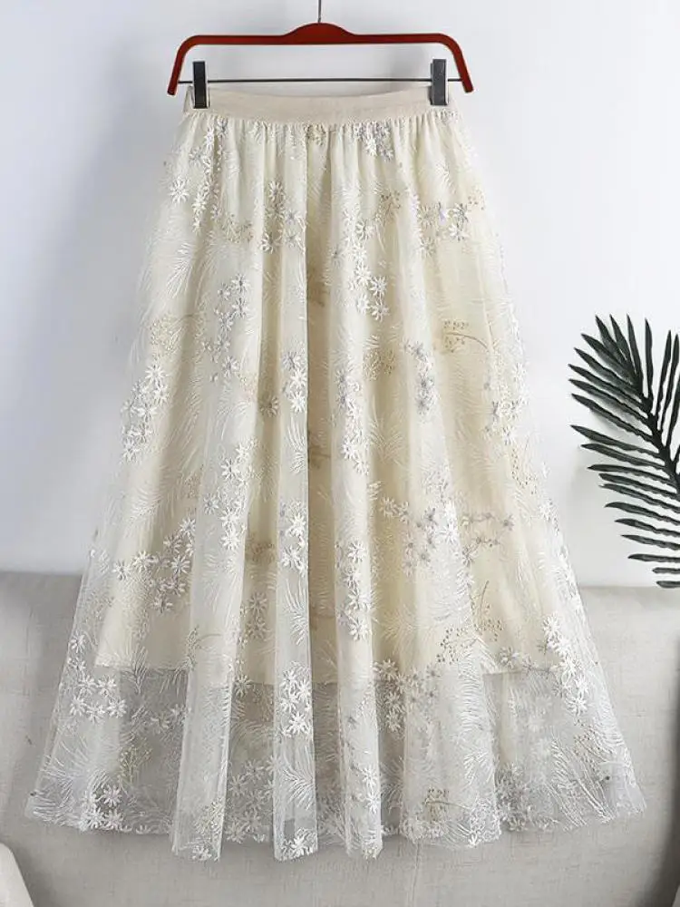 Сетчатые юбки с вышивкой женские вечерние эластичной высокой талией летние миди