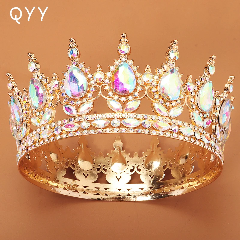 

AB Rhinestone Round Crown Gold Color Beauty Pageant Winner Tiaras and Crowns for Women Accessories Bridal Wedding Hair Jewelry