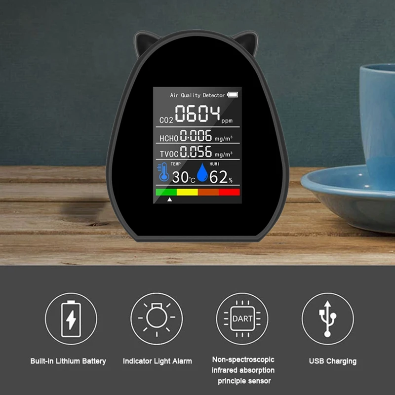 

5 In 1 CO2 Air Detector Multi-Functional Portable Digital Temperature And Humidity Display Function TVOC HCHO CO2
