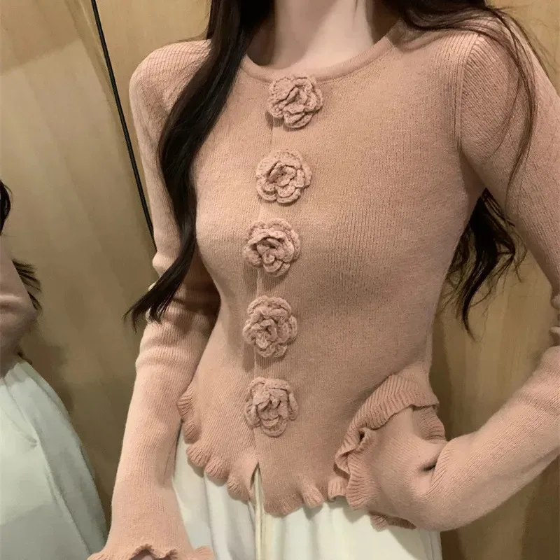 Корейские элегантные свитера с розами Женские приталенные шикарные вязаные