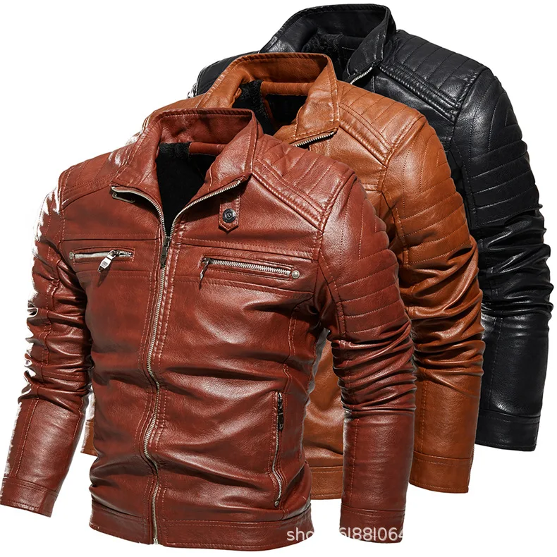 

2023 New Men's Pu Motorcycle Leather Jacket Stand-up Collar Slim Fit Multi-Pocket Leather Jacket