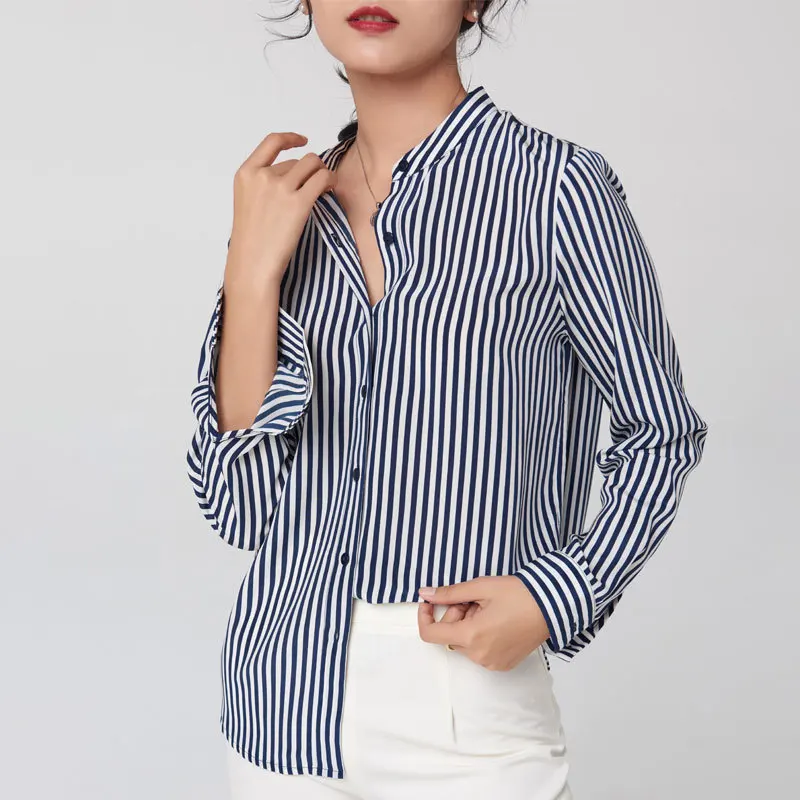 New 2022 Spring 100% Silk Blouse Top Women Natural Fiber High Quality Long Sleeve Striped Shirt Office Lady Summer Clothing