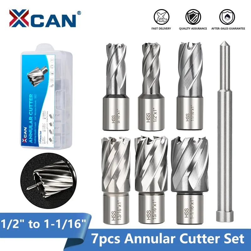 

XCAN Drill Bit HSS Annular Cutter 7pcs 1/2" to 1-1/16" Slugger Bits for Mag Drill with Pilot Pin Weldon Shank Hole Saw Cutter