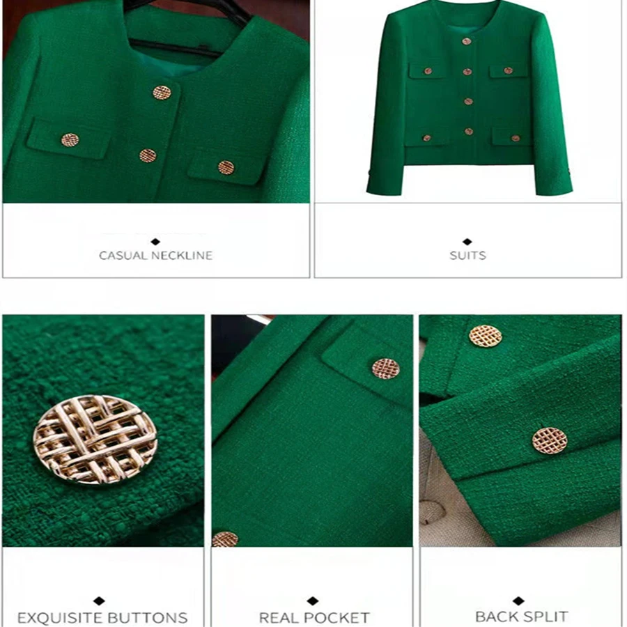 Korean Green Cropped Tweed Jackets Spring Women Vintage Classic Slim Coats Single Breasted Elegant Outwear Oversize 3xl Chaqueta images - 6