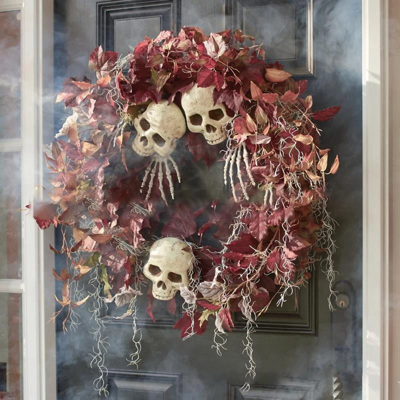 

Венок на Хэллоуин, искусственные листья, череп, праздничная Декоративная гирлянда для помещений, висячая оконная дверь, художественный подарок ручной работы