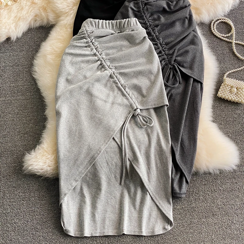 

Women Elastic Waist Pencil Skirt Girls Sexy Solid Slim Irregular Draw String Stretchy Cotton Skirts