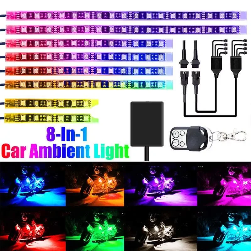 

NEW2023 8in1 RGB LED Car Motorcycle Atmosphere Lights Wireless Remote Control Voice Control LED Strip Lamp Brake Lights Decorati