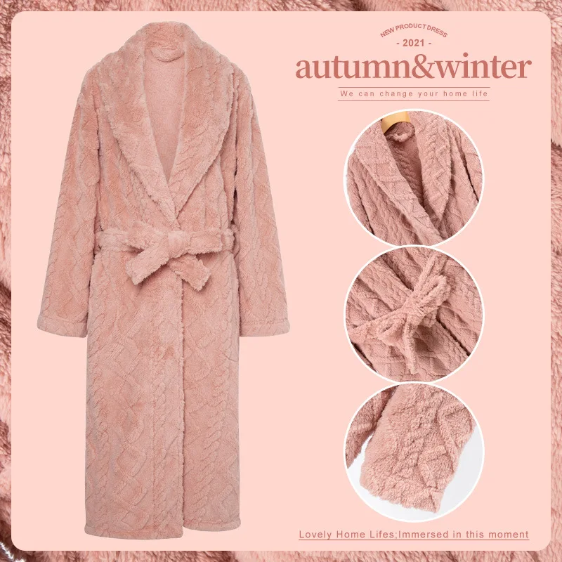 Autumn New Light Luxury Kimono Fashion Nightgown Women Thickened Bathrobe Long Coral Fleece Bathrobe Pajamas Home Clothing