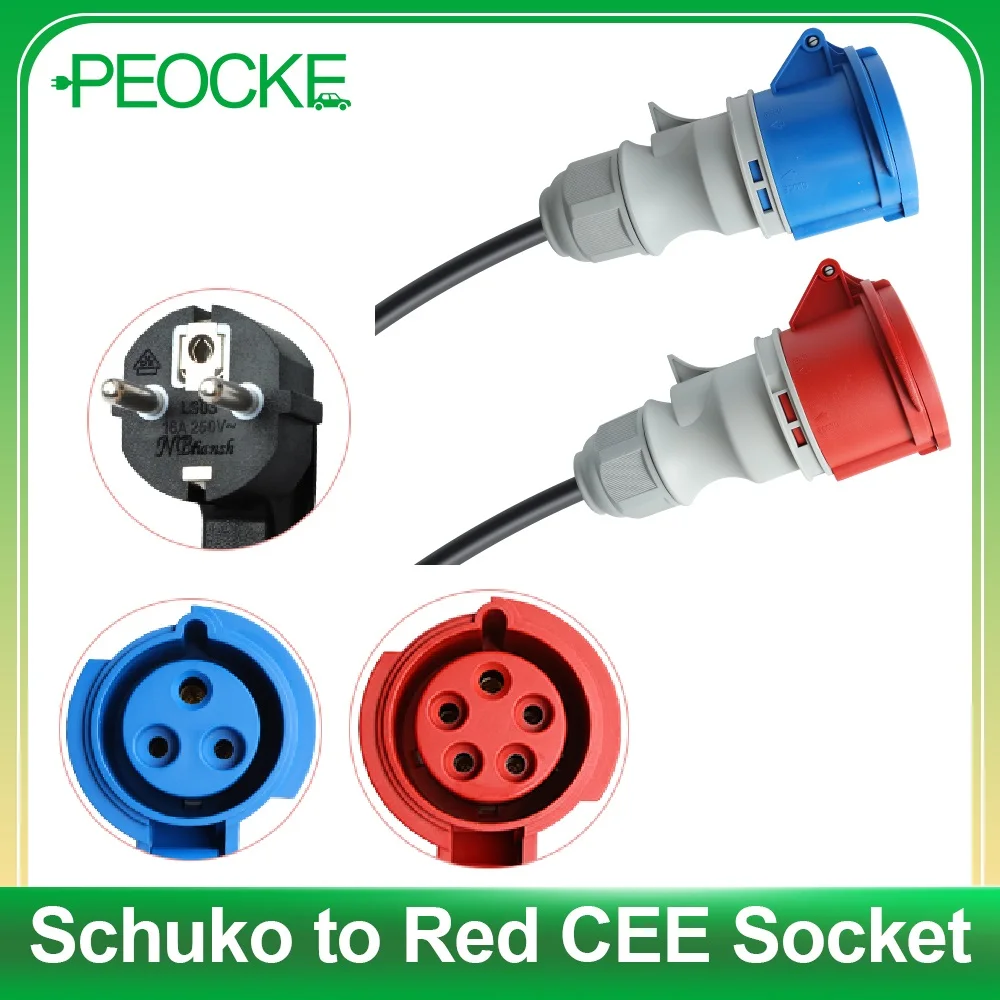 Адаптер зарядного устройства PEOKE EV Schuko to Red CEE Socket 5 Pins 1 Phase 16A 3 32A Female Blue Plug для