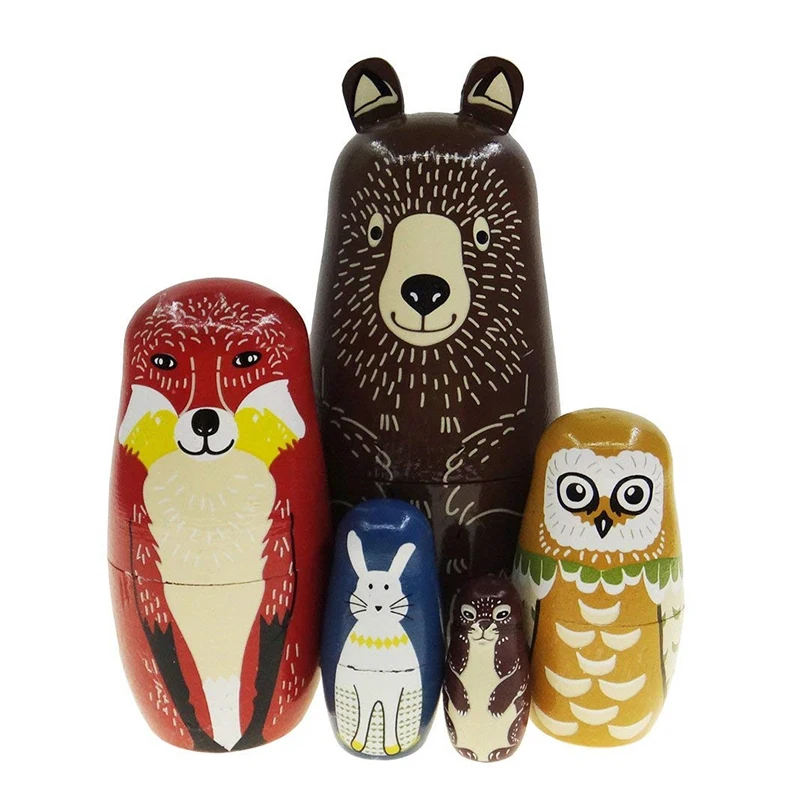 

Hot 5Pcs Cute Animal Design Russian Nesting Dolls Wooden Bear Owl Rabbit Pattern Matryoshka Dolls Baby Story Accessory Toy Gifts