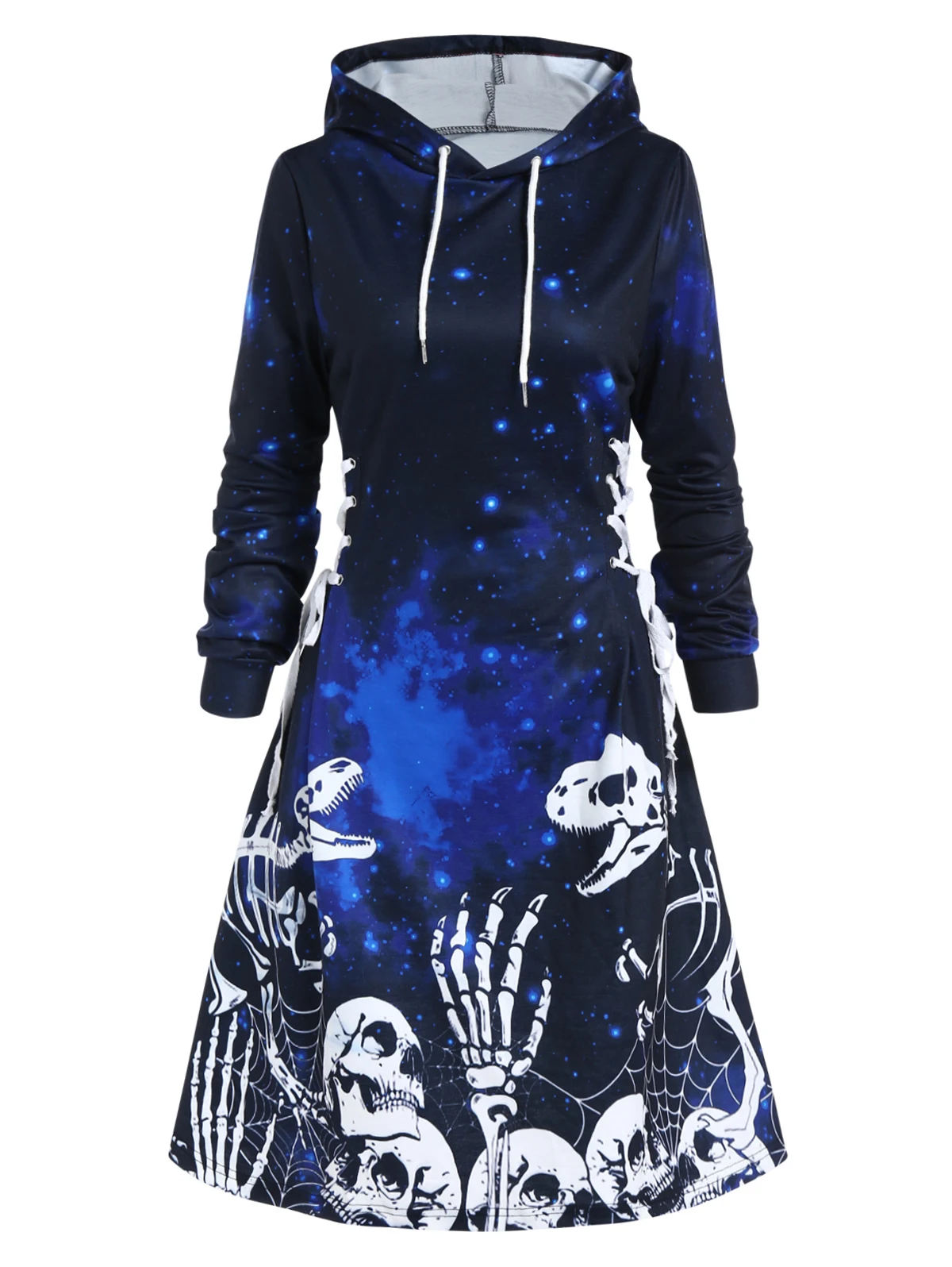 

Dressfo Halloween Hoodie Dress Galaxy Skeleton Skull Print Drawstring Long Sleeve A Line Mini Hooded Dress