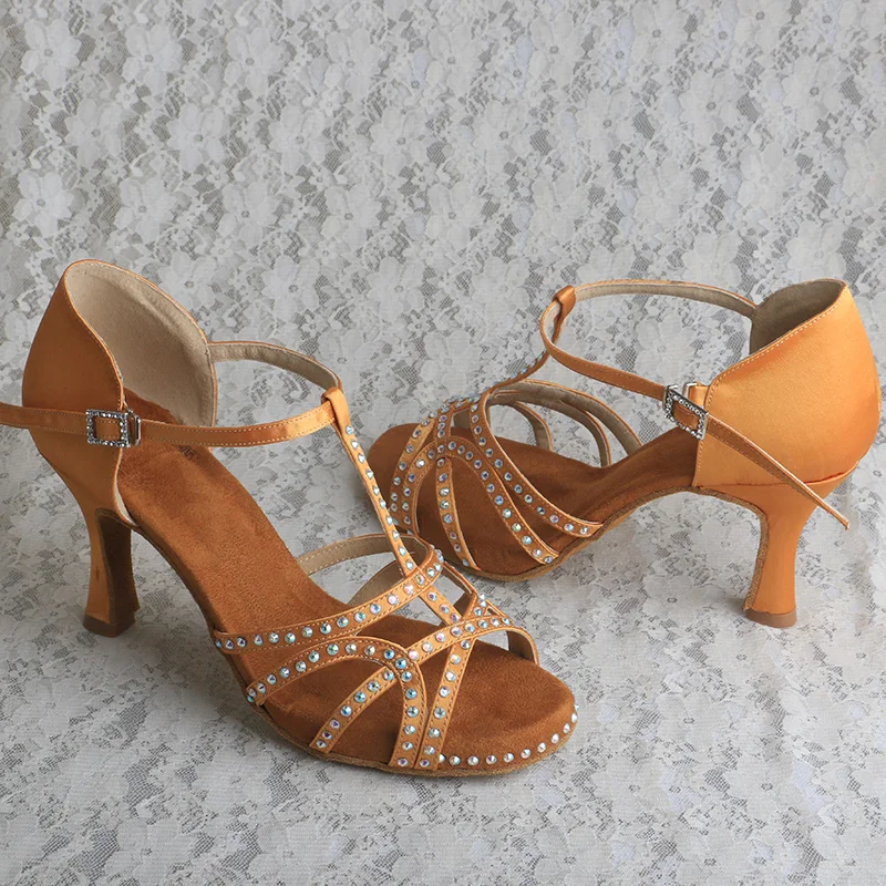 Wedopus Brozne Dance Sandals Woman with Rhinestones Covered Platform Dancing Shoes 8.5CM