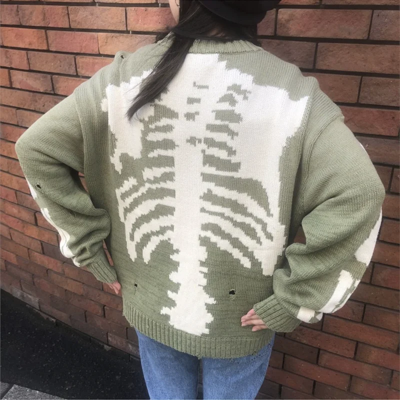 

Mens Hip Hop Sweater Skeleton Bone Printing Oversized Woman High Quality Streetwear Damage Hole Vintage Punk 1:1Knitted Pullover