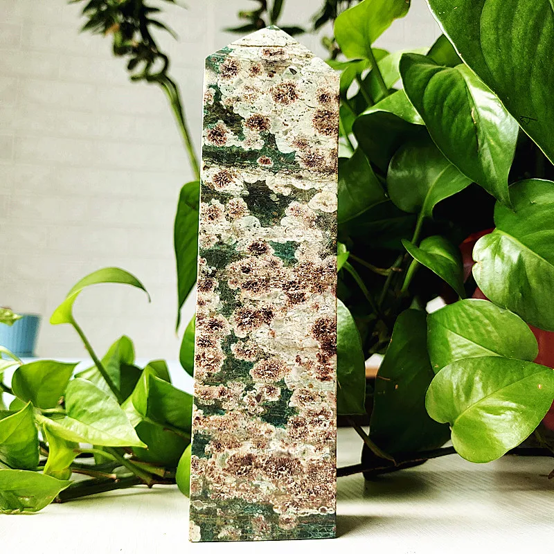 

Natural Green Cherry Blossom Stone Tower Wand Point Stone Obelisk Home Decoration Prisms Wicca Chakra Healing Crystals Decor