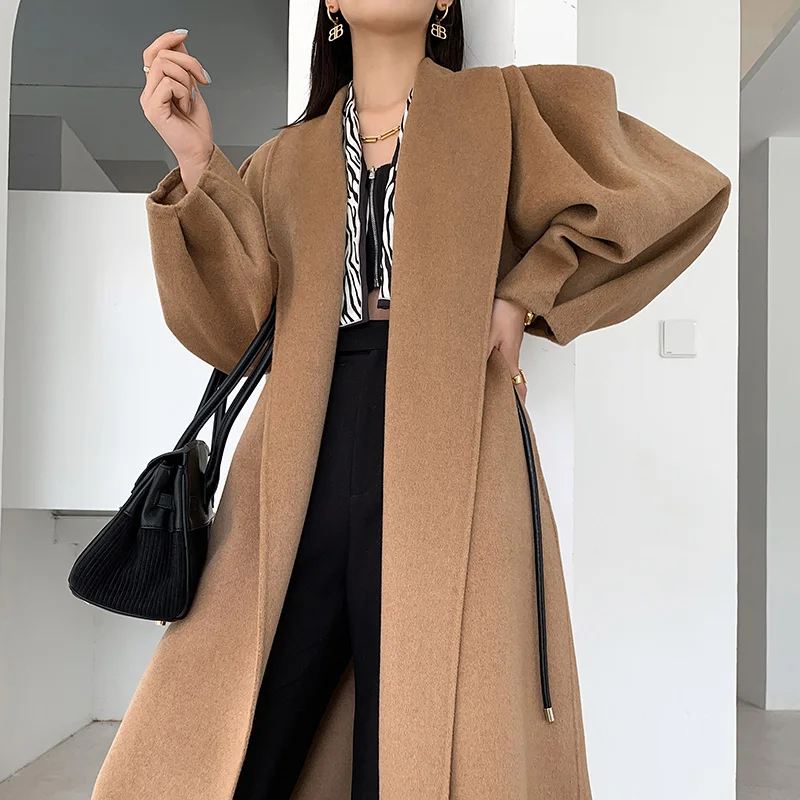 

Hand-sewn Trendy Best-selling Coats 100% Sheep Women's Coats Thickened Lantern Sleeves Fashion Belts Double-sided Nizi Coats