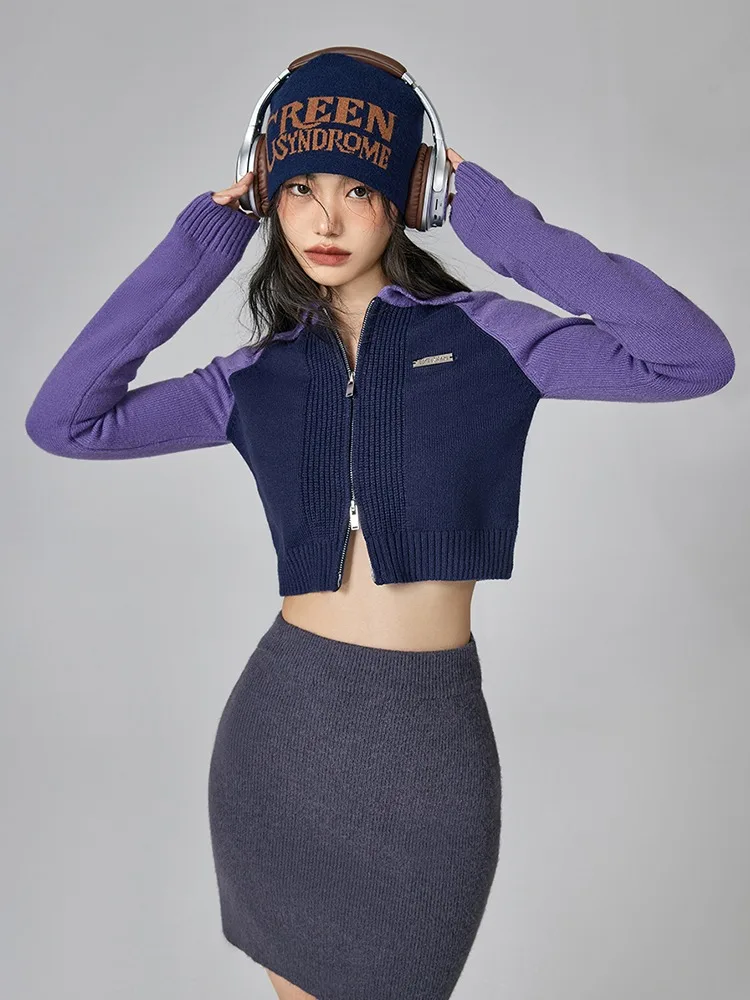 

ADAgirl Vintage Knit Cardigan Women Raglan Sleeve Patchwork Slim Fit Y2k Crop Tops Autumn Retro Turn Down Collar Sweater Coats