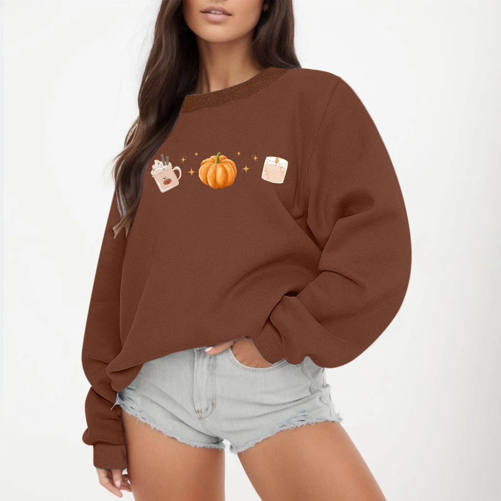 

Women Pumpkin Printed Sweatshirt Halloween Casual Solid Color Pullover Round Neck Hoodie Long Sleeved Top For Ladies Autumn