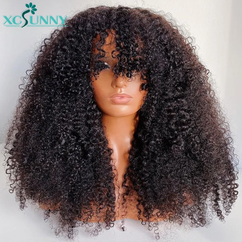 Afro Kinky Curly Human Hair Wigs With Bangs 200 Density 24inch Full Machine Made Human Hair Wig Remy Brazilian Hair Xcsunny