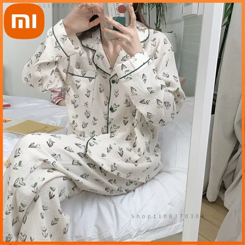 

Пижамный комплект Xiaomi из хлопчатобумажной пряжи, 2 предмета, Корейская Домашняя одежда, осенняя одежда для сна, милая Пижама с сердечками, же...