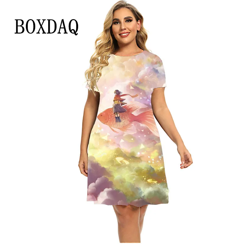 

Science Fiction Fairy Carp Dresses For Women Tie Dye Print Loose Clothing Plus Size Summer Dress 6XL Fashion Short Sleeve Dress