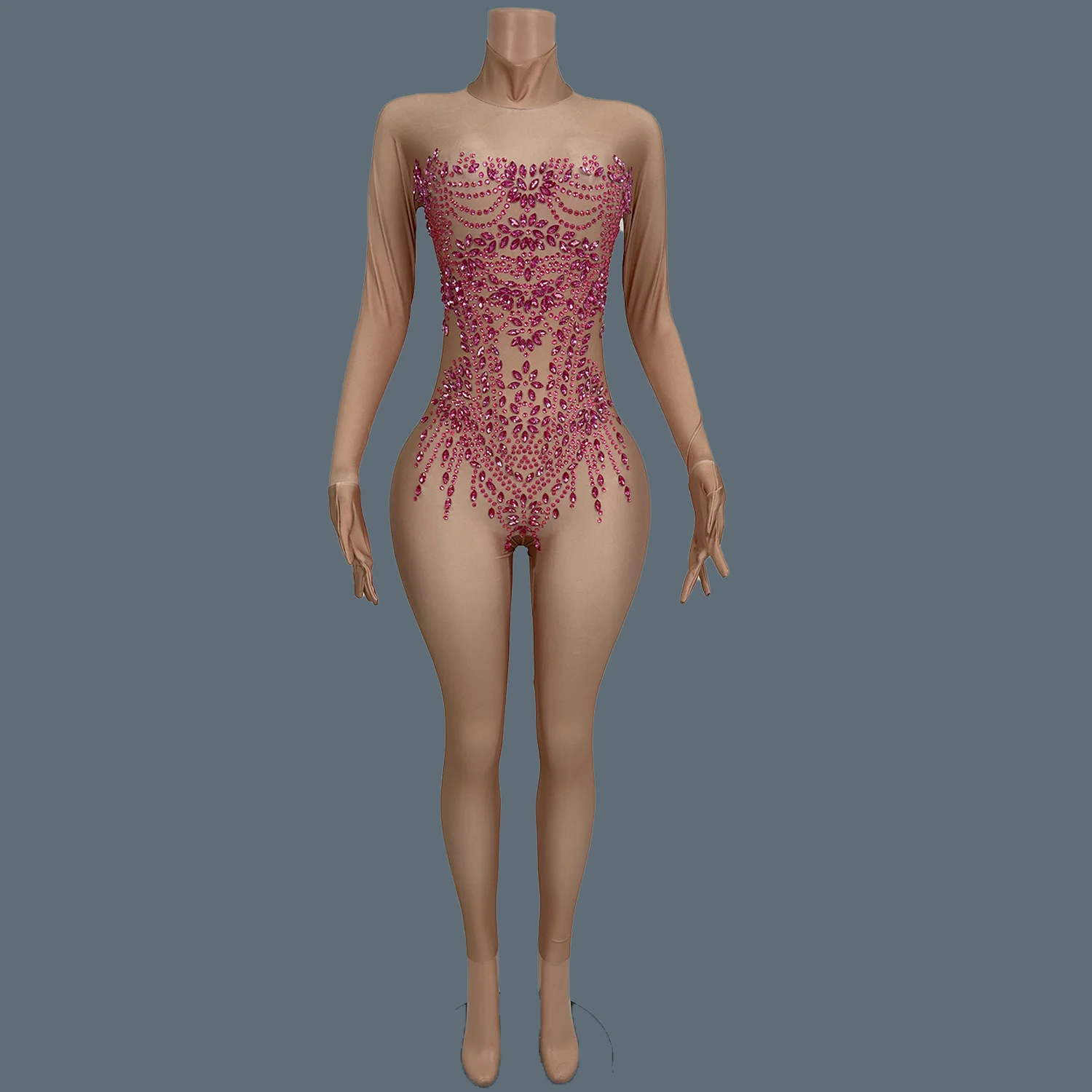 Облегающий сексуальный комбинезон с блестящими стразами и перчатками для женщин