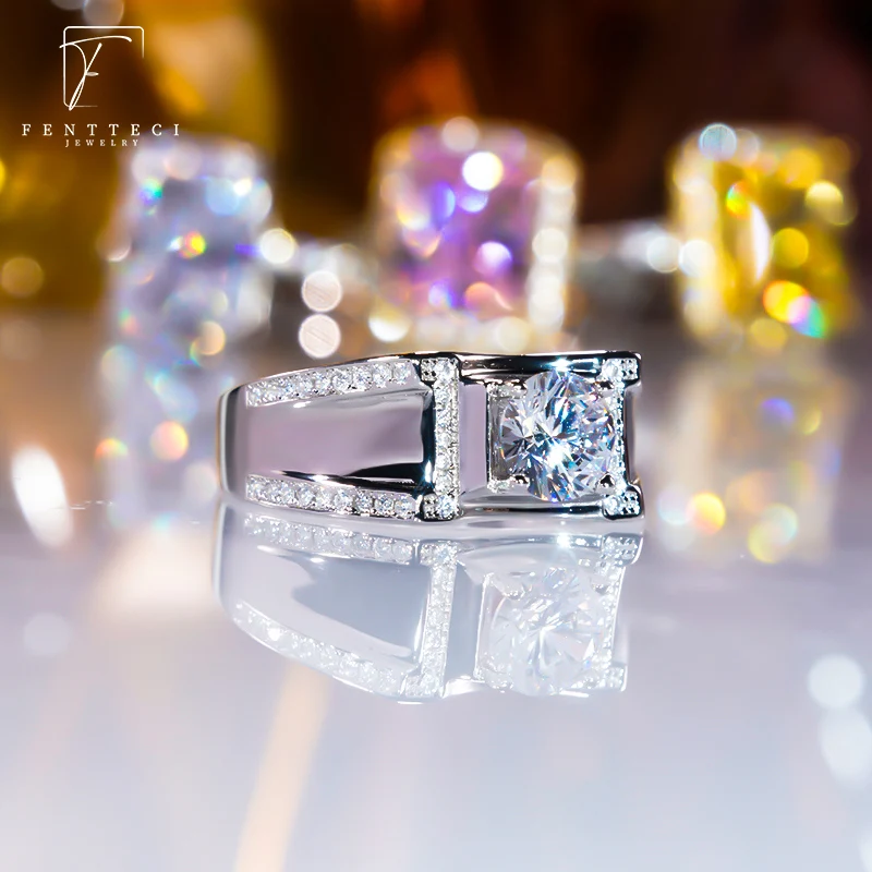 FENTTECI 925 Sterling Silver D Color Moissanite Men's Ring Simple 4 Prongs Fashion Domineering 1ct Men's Wedding Engagement Ring