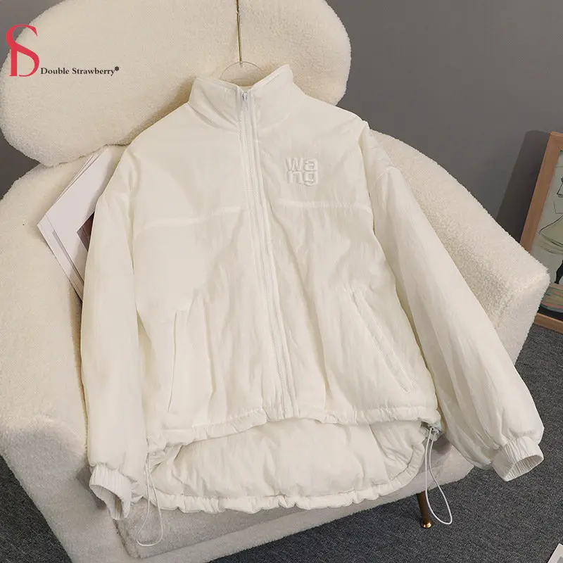 Parka Wang Winter New Letter Embroidery Loose Padded Jacket Women's Drawstring Versatile Warm Short Coat