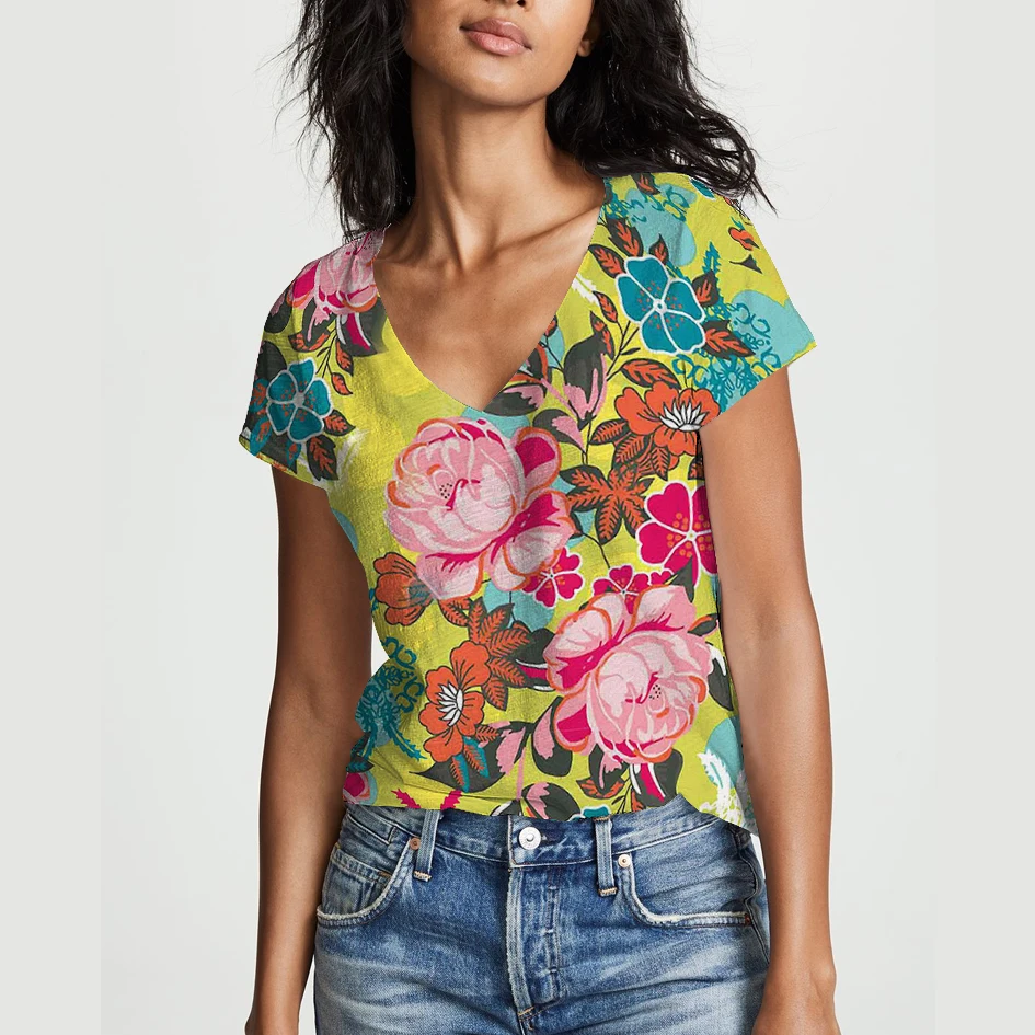

2022 summer new ladies y2k Top 3D Digital printing fashion V-neck elegant goddess flower T-shirt