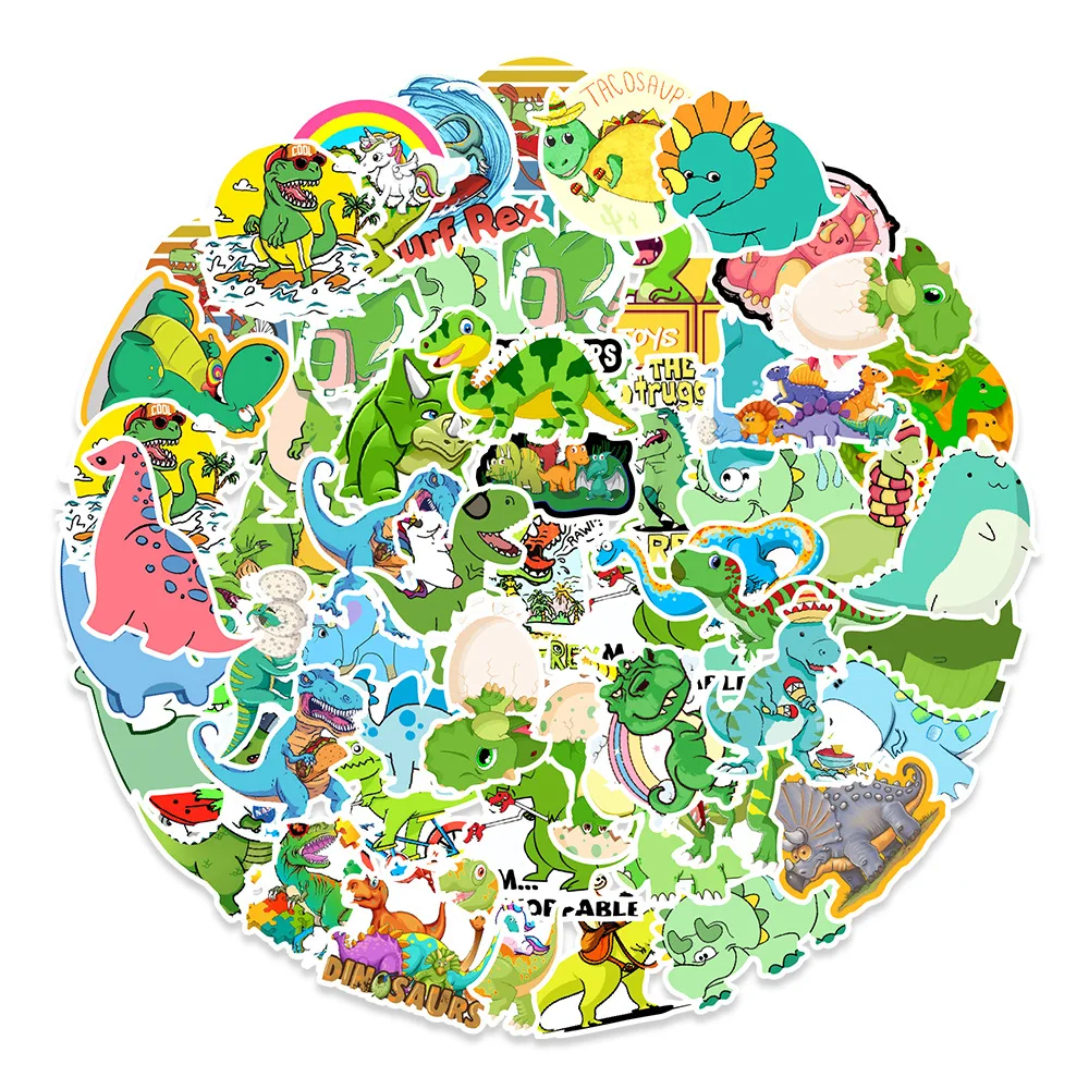 

10/30/50PCS Trendy Cartoon Green Dinosaur Graffiti Helmet Water Cup DIY Waterproof PVC Children's Toy Reward Sticker Wholesale