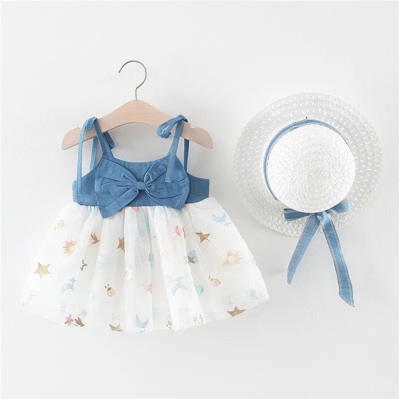 

Summer 0-3Yrs Kids Birthday Party Dress+Hat Sleeveless Denim Mesh Splicing Children Clothing Infant Baby Girls Princess Dress