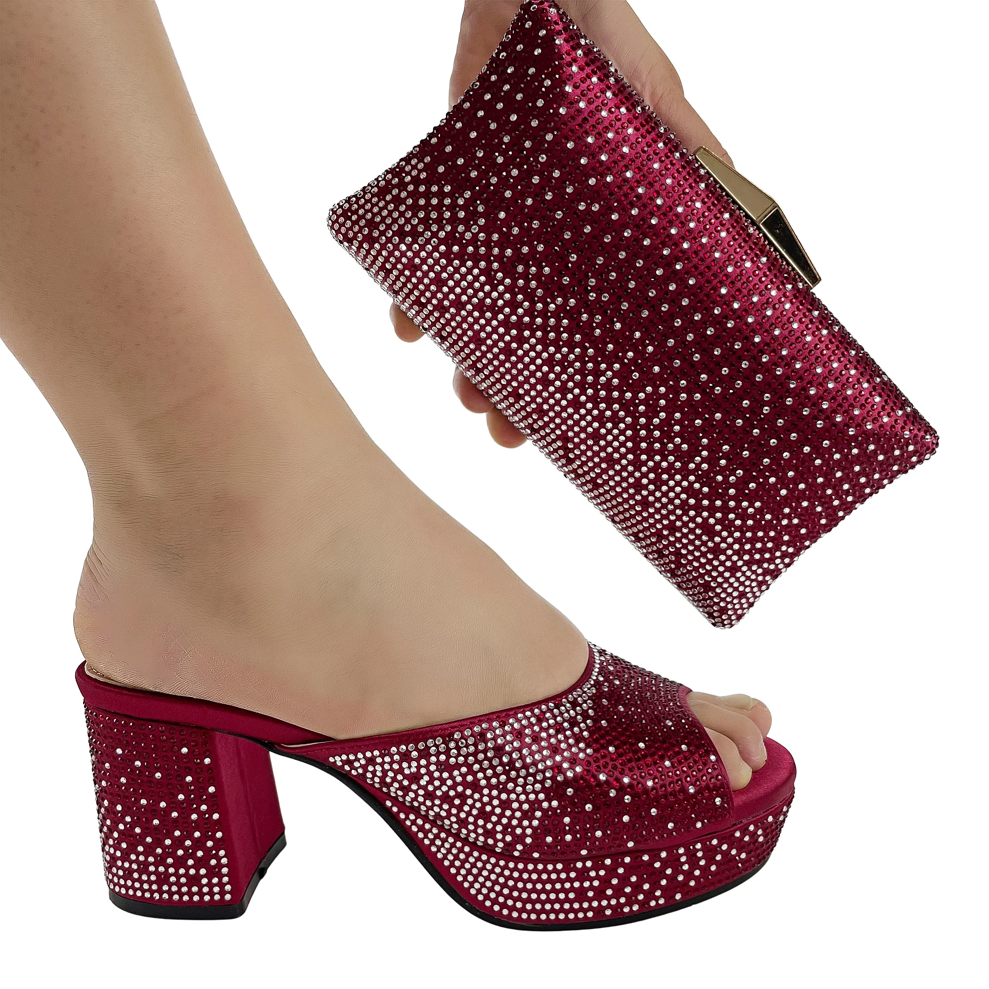 Green Elegant Sandals Shoe and Bag to Match Party High Heels Platform Mules Glitter Chunky Shoe with Matching Purse Set Woman