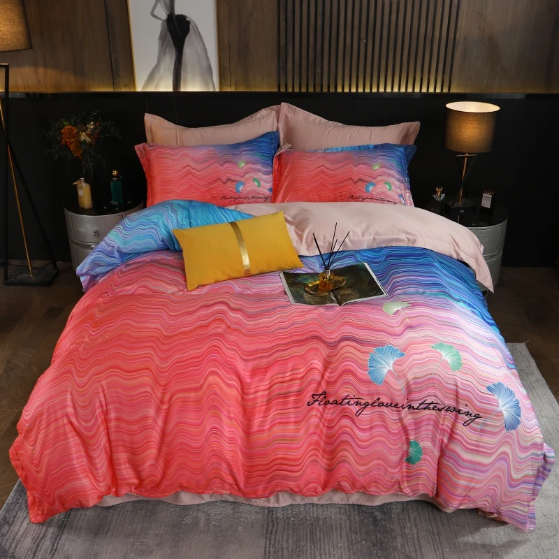 

Bonenjoy 4Pcs Duvet Cover Set With Pillowcase Top Sheet Water Ripple Print Bed Sheet Set for Adult Queen Bed Linen Set Bedcloths