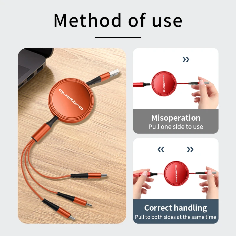 3 в 1 Автомобильный Выдвижной зарядный кабель Micro USB Type-C для Audi Quattro A3 A4 A6 A5 Q5 A1 Q7 Q3 TT S1