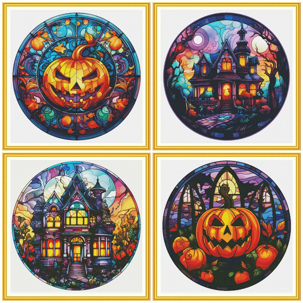Kits Halloween Pumpkin Dmc Printed Canvas Cross Stitch House Diy Painting Needlework Home Decoration 50x50cm