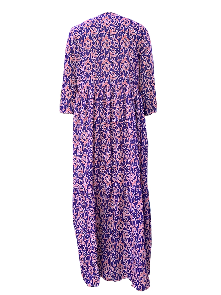

Women Bohemian Floral Print Long Dress V-Neck 3 4 Sleeve Loose Swing Maxi Beach Dress Smocked Tiered Sundress