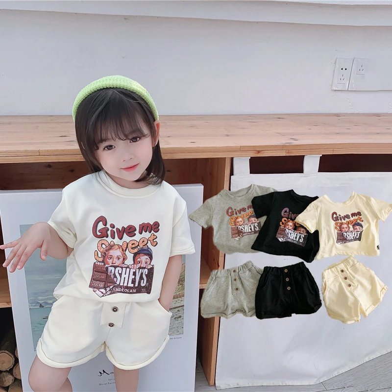 

2pcs Children Clothing Sets O-neck Short Sleeved Cartoon Letter Printed T-shirt + Shorts Boutique Summer Outfit For Boys Girls