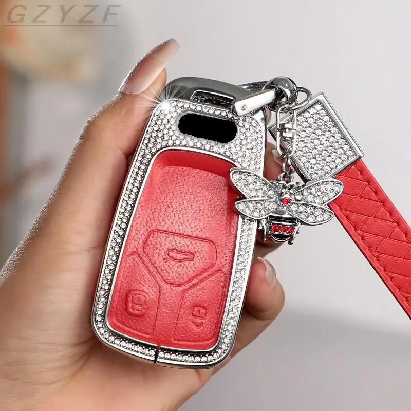 

Alloy+Diamond + leather Car Key FOB Case Cover For Audi A4 Allroad B9 Q5 Q7 TT TTS 4M 8S 2016 2017 2018 Accessories