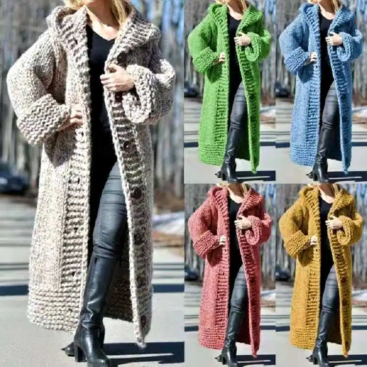 

2022 women's new hooded cardigan thickened knitted sweater long sweater