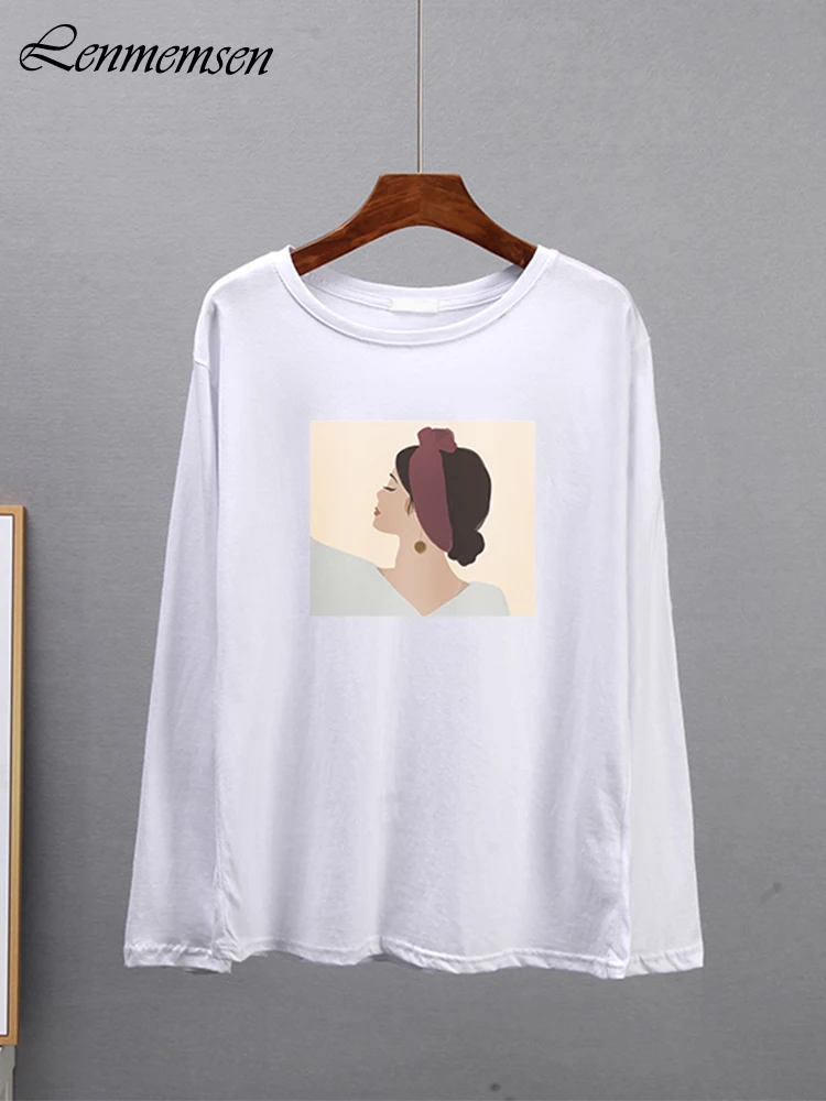 Lenmemsen весенние хлопковые футболки с длинным рукавом для женщин повседневные
