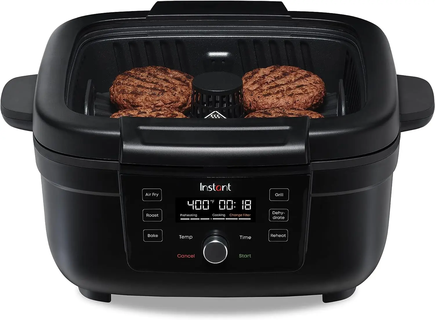 

Indoor Grill and Air Fryer with Bake, Roast Reheat & Dehydrate, From the Makers of Pot, with Odor-Reducing Filter, Clear Co