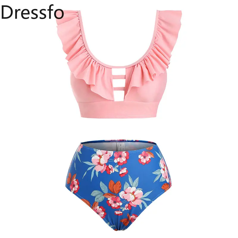 

Dressfo Floral Print Ladder Cutout Ruffle Tankini Swimwear High Waist Bikini Set Beachwear Summer Swimsuit Women 2023 New