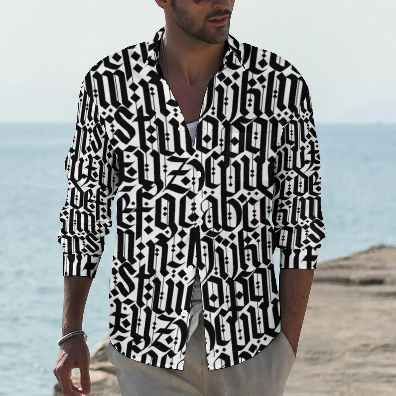 

Abstract Letters Print Shirt Old Gothic Word Casual Shirts Long Sleeve Graphic Street Blouses Autumn Novelty Oversized Clothing