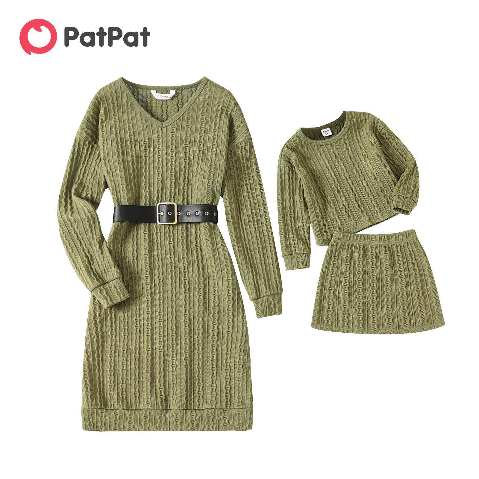 

PatPat Family Matching Outfits Mom Jacquard V-Neck Long Sleeve Shift Dress Girls Knit Drop Shoulder Sweater Skirt Sets