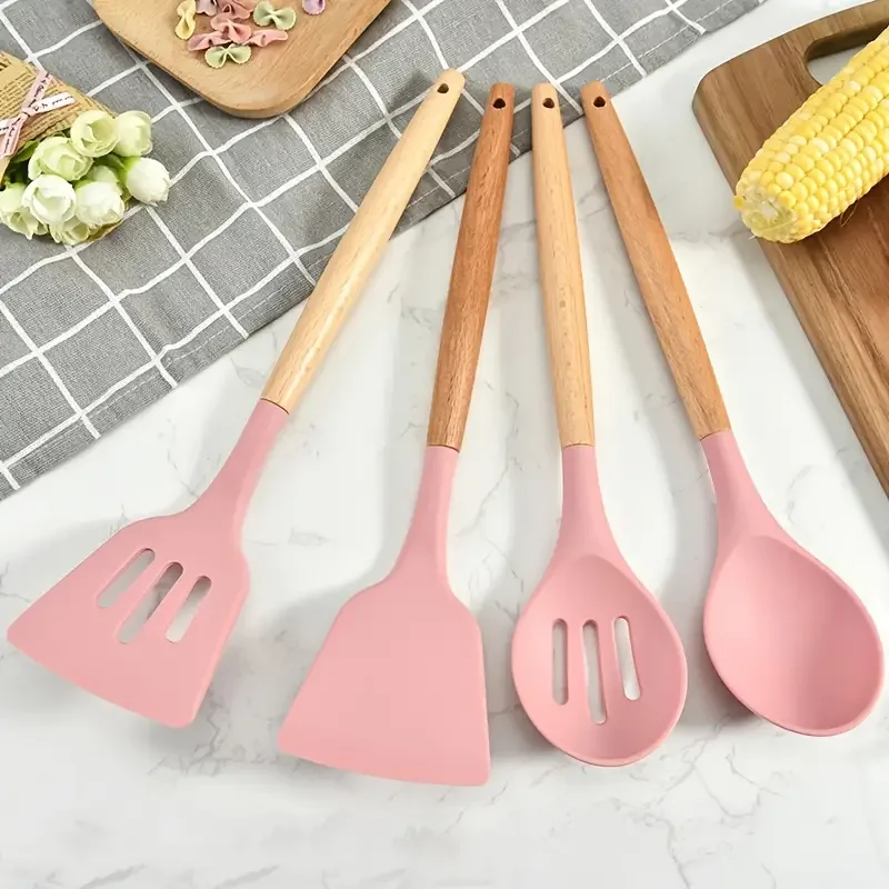 

HMTX 4pcs Wooden Handle Pink Silicone Kitchen Utensil Set