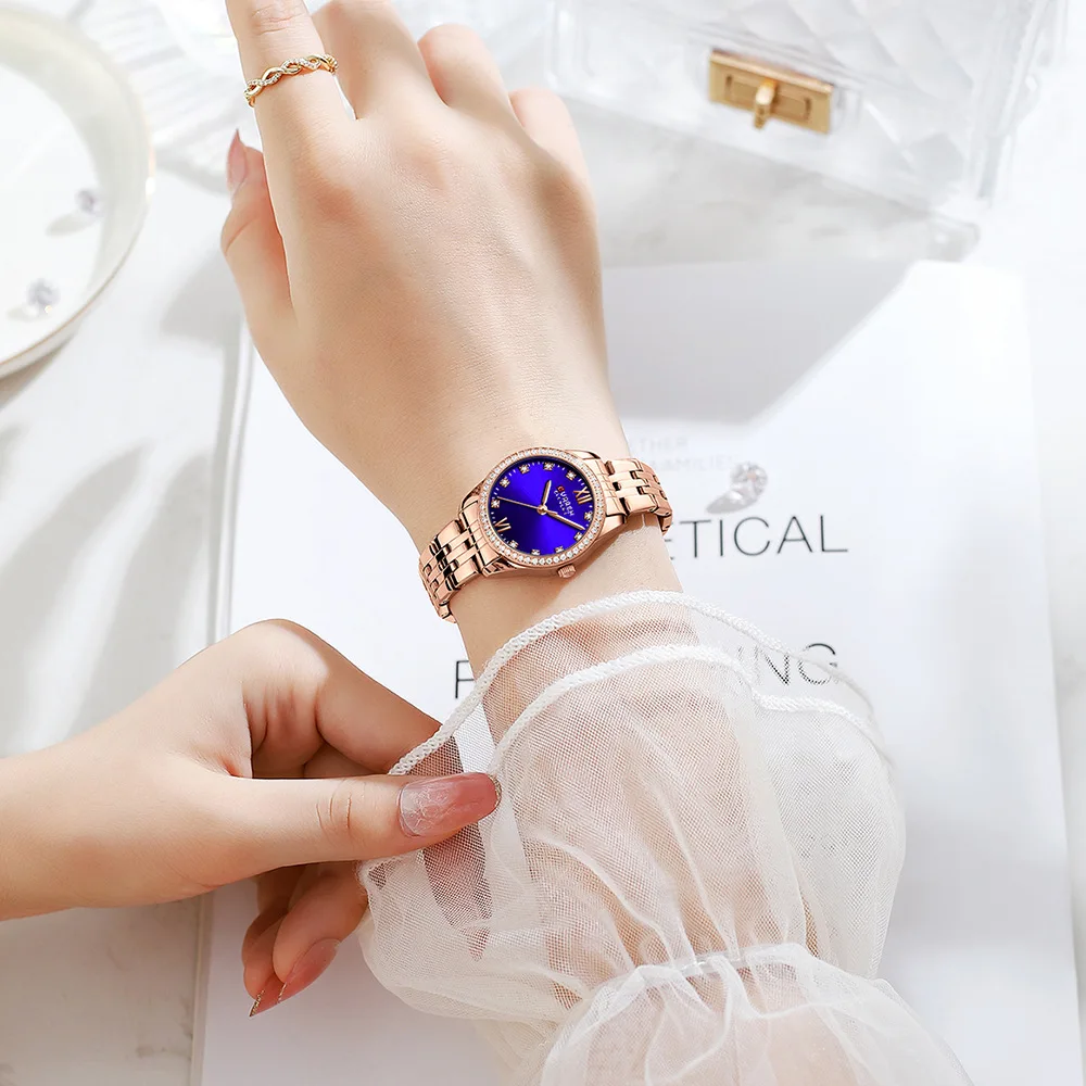 CURREN Classy Dress Watches for Women Stainless Steel Band Clock Female Rhinestone Dial Slim Wristwatches Ladies