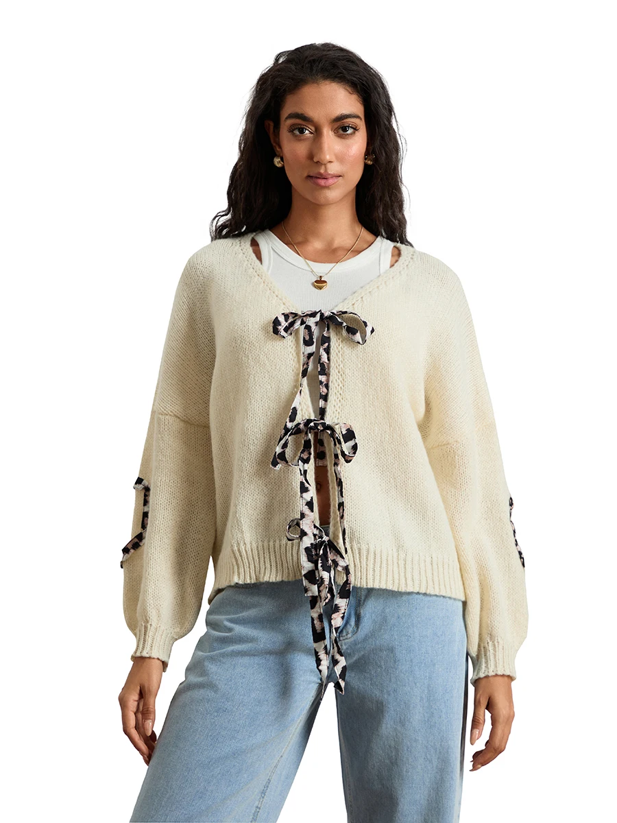 Женский вязаный кардиган с длинным рукавом и завязками в форме сердца осенняя