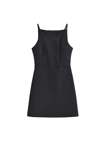 Женское Короткое платье на бретельках, модное двубортное летнее Черное мини-платье без рукавов с вырезом лодочкой и украшением